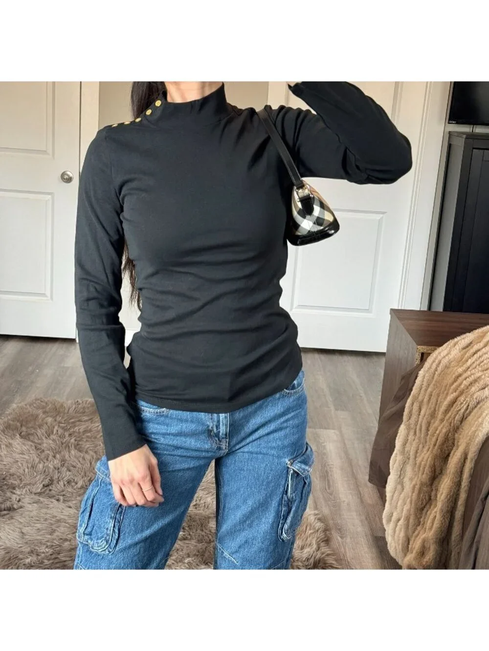 NWT J Crew Black Mockneck Shirt Gold Buttons Long Sleeve Top Quiet Luxury Cotton